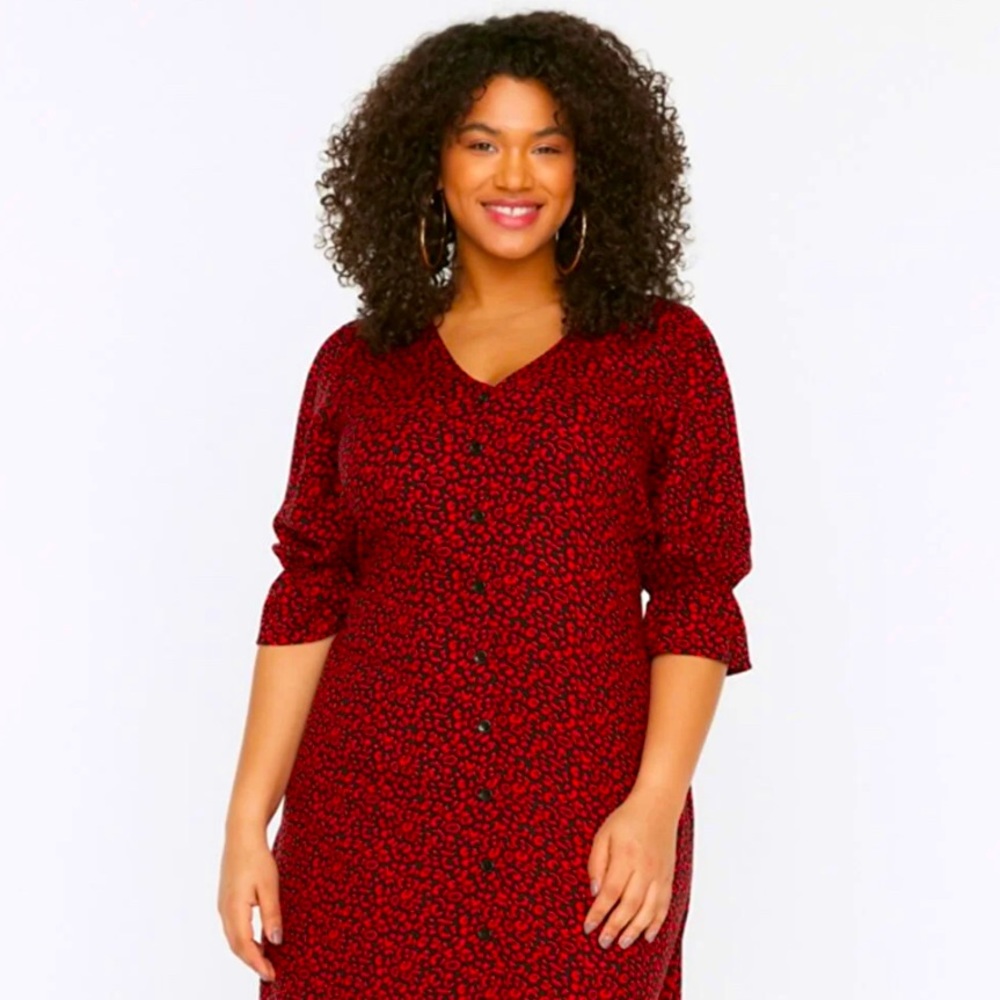 Red Belted Animal Print V-Neck Midi Dress